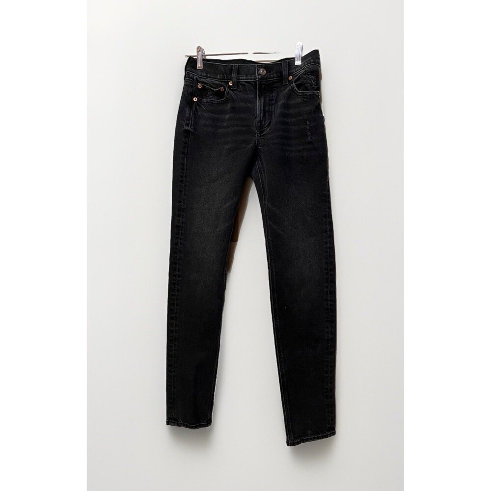 American Eagle Women's Mom Jeans Size 2 Long 90’s Skinny Light Distressing Black
